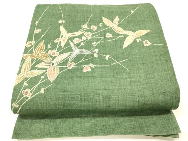 平和屋着物＊夏物　太鼓柄袋帯　ろうけつ染め　作家物　枝花文　麻　逸品　DABB3269cm