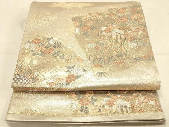 平和屋着物◎六通柄袋帯　唐織　御所車花文　松竹梅　金銀糸　正絹　逸品　DAAX0577jm