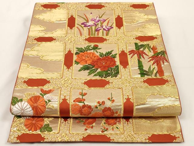 平和屋着物◎六通柄袋帯　唐織　天井草花文　金糸　正絹　逸品　AAAL2502ey