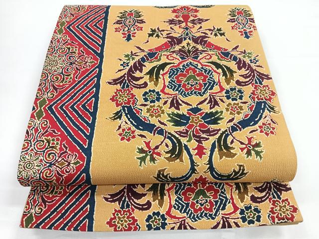 平和屋着物◎全通柄京袋帯　型染め　更紗花文　鬼しぼ縮緬　正絹　逸品　CAAZ7441nb