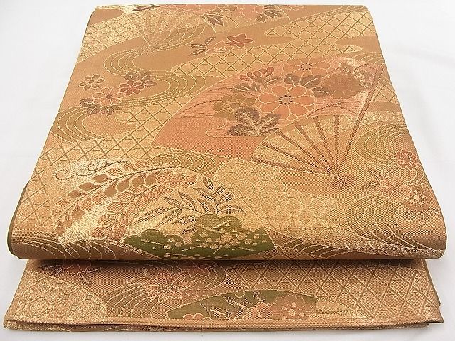 平和屋着物■六通柄袋帯　扇面流し舞花文　金糸　逸品　n-da0204