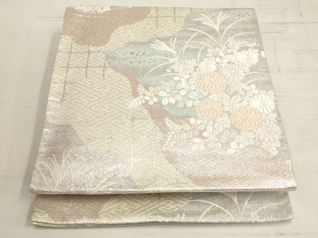 平和屋着物◎六通柄袋帯　道長草花文　銀糸　正絹　逸品　AAAL1583Amf