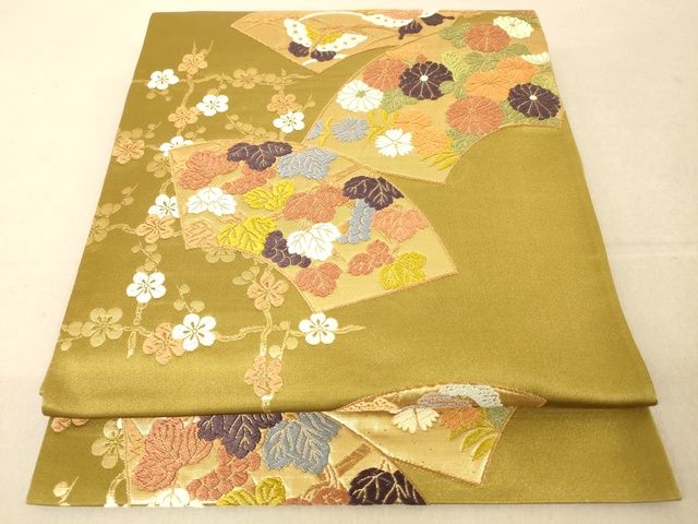 平和屋着物◎六通柄袋帯 唐織 地紙花蝶文 金糸 正絹 逸品 AAAL8638Bjd