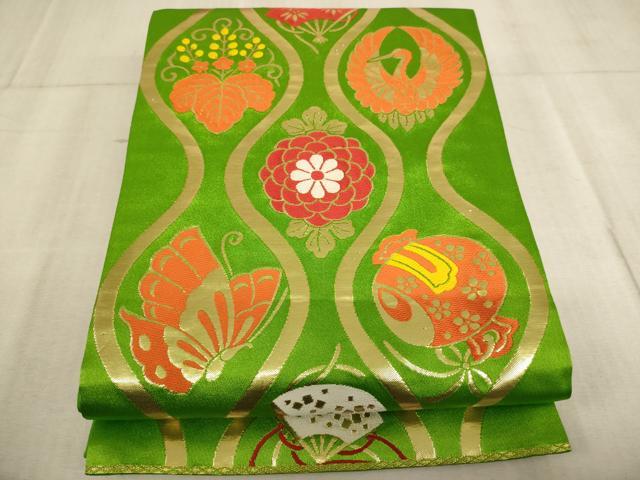 平和屋着物∵子供 全通柄袋帯 唐織 立涌花蝶鶴文 金糸 AABE2174ja