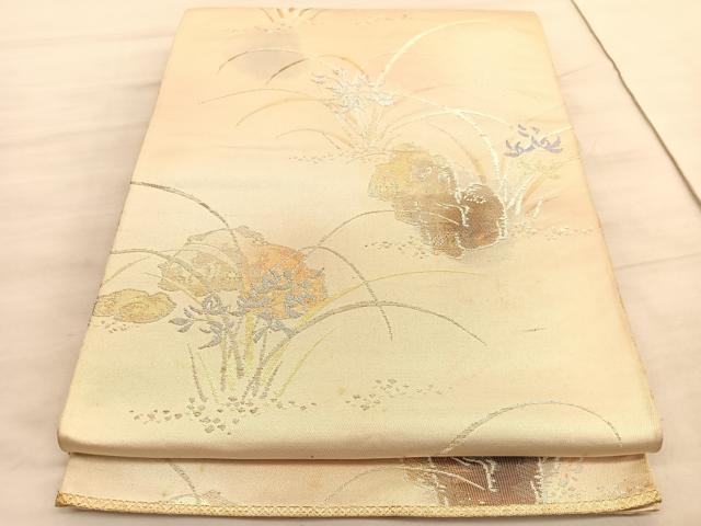 平和屋着物◎六通柄袋帯　草花文　金銀糸　引箔　正絹　逸品　BAAV8683hv