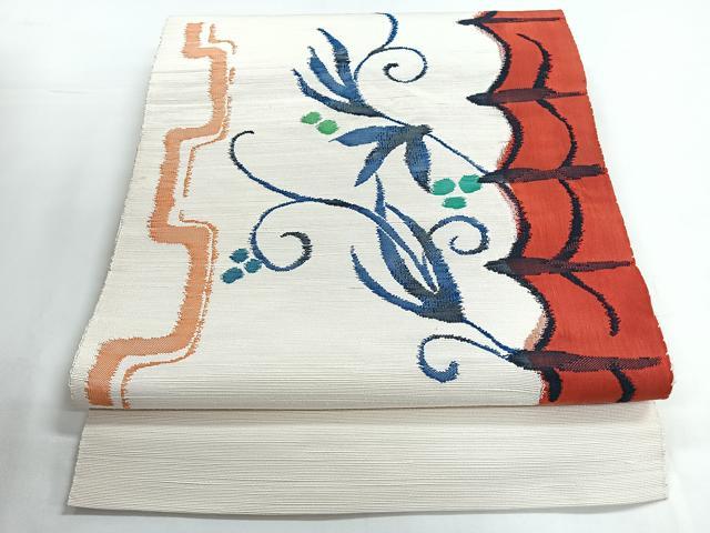 平和屋着物◎八寸名古屋帯　紬地　草花文　正絹　逸品　CAAZ7451nb