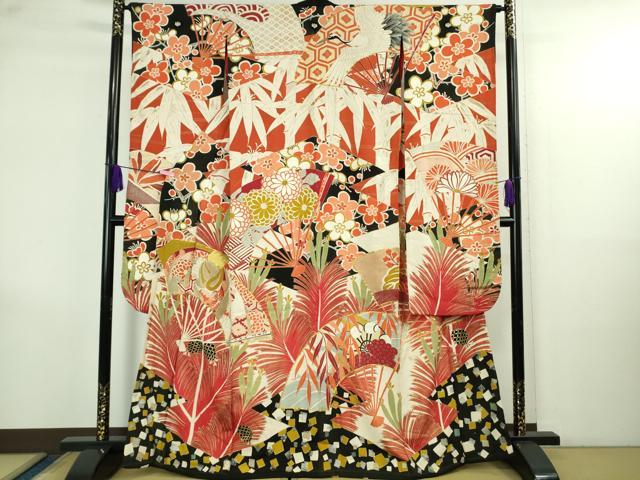 Rakuten - 平和屋本店●極上　アンティーク　大正ロマン　振袖　駒刺繍　扇面松竹梅　黒地　金彩　逸品　DZAB4151kh6