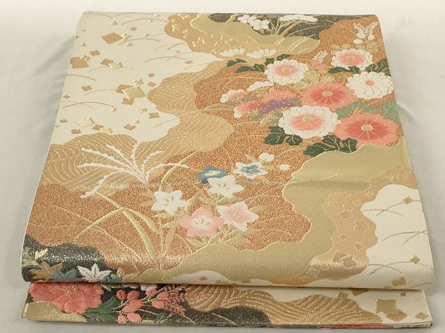 平和屋着物◎佐賀錦 六通柄袋帯 扇面孔雀花文 金糸 正絹 逸品 AAAL2738Atn