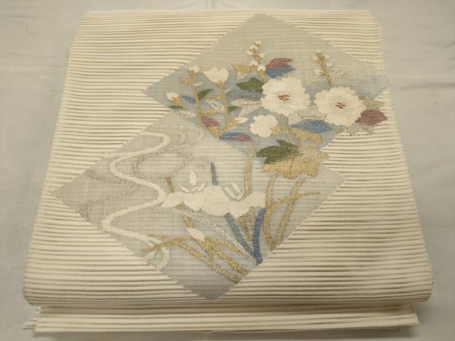 平和屋着物＊夏物　八寸名古屋帯　絽綴れ　流水枝花文　金銀糸　正絹　逸品　CAAV6207oy