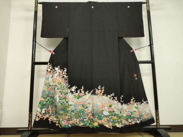 平和屋着物●豪華黒留袖 友禅 作家物 飛鶴枝花松文 暈し染め 正絹 逸品 DAAV1046tw