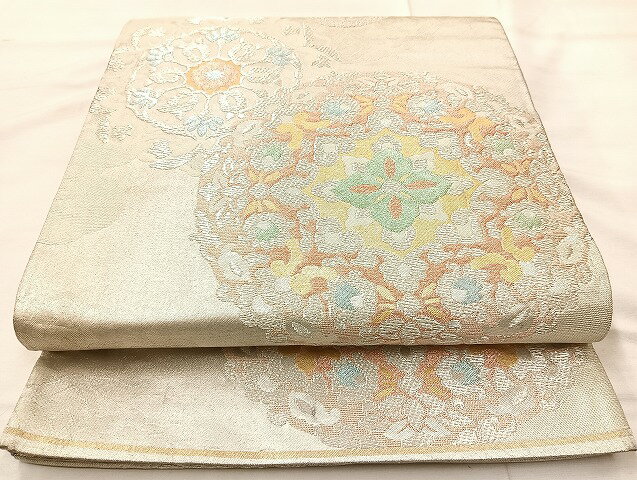 平和屋着物◎六通柄袋帯　正倉院花文　金銀糸　正絹　逸品　BAAL1016cm