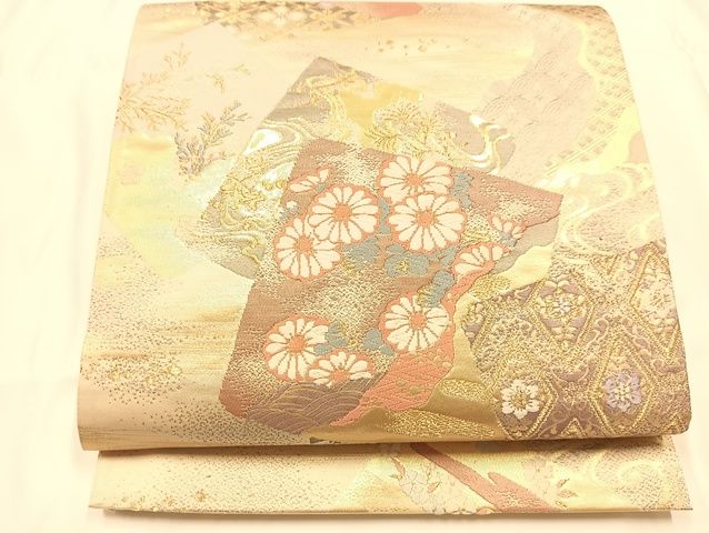 平和屋着物◎六通柄袋帯　唐織　色紙重ね花文　金糸　正絹　逸品　AAAK9569Bsa