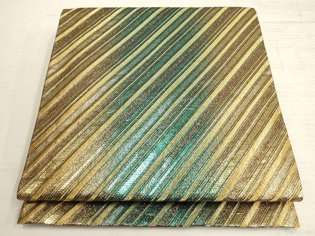 平和屋着物◎全通柄袋帯 斜縞 金糸 正絹 逸品 AAAL1573Amf