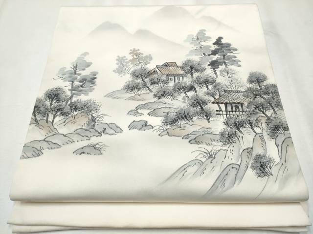 平和屋着物●内山晴祥 塩瀬 九寸開き名古屋帯 手描き 遠山風景草木文 正絹 逸品 CABA4878hy