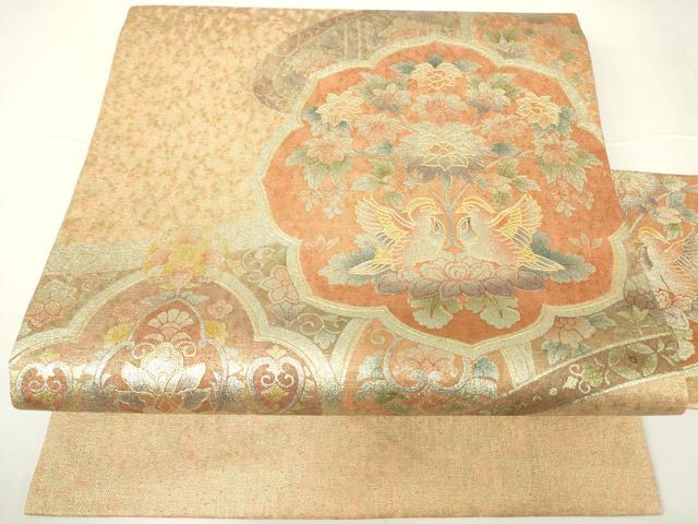 平和屋着物▼九寸名古屋帯　向い鳥花文　金銀彩　正絹　逸品　DAAX3285az