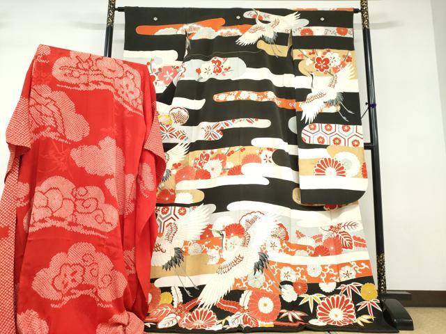 平和屋本店●アンティーク　大正ロマン　振袖　長襦袢（袷）セット　駒刺繍　飛鶴草花文　半衿刺繍　正絹　逸品　DABD9538ud