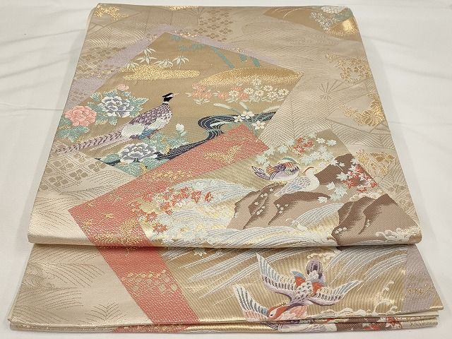 平和屋着物◎六通柄袋帯　色紙孔雀花文　九百錦　金糸　正絹　逸品　AAAL5623Aex