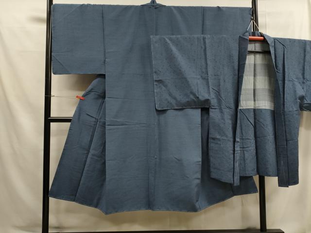 平和屋着物■男性 紬 アンサンブル 青藍色 正絹 逸品 DAAO8070op