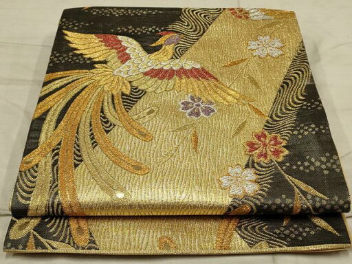 平和屋着物◎六通柄袋帯 尾長鳥花文 金銀糸 正絹 逸品 AAAR6803ou 平和屋着物◎六通柄袋帯 尾長鳥花文 金銀糸 正絹 逸品 AAAR6803ou