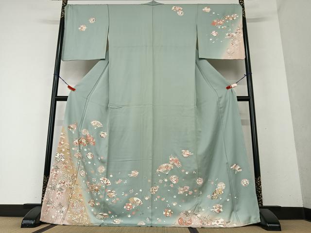 平和屋着物●訪問着　駒刺繍　舞扇花文　暈し染め　金彩　ロング丈　正絹　逸品　AAAY6409zg
