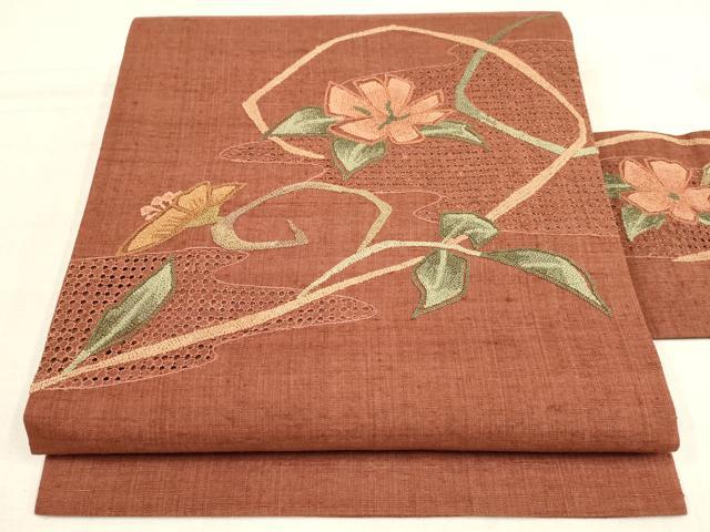 平和屋着物▼中国三大刺繍　相良刺繍　九寸名古屋帯　紬地　枝花文　正絹　逸品　AAAZ6474wj