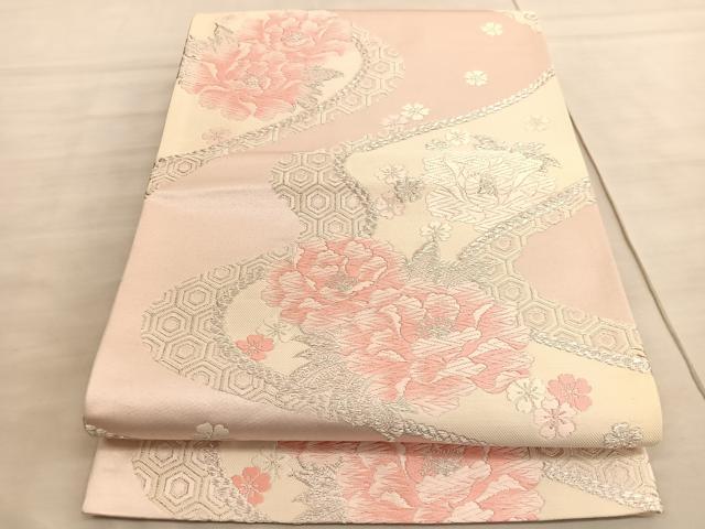 平和屋着物◎六通柄袋帯　唐織　牡丹　銀糸　正絹　逸品　BAAV8817hv