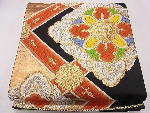 平和屋着物◎六通柄袋帯　唐織　菱天井花文　黒地　金銀糸　逸品　CAAD1040eg