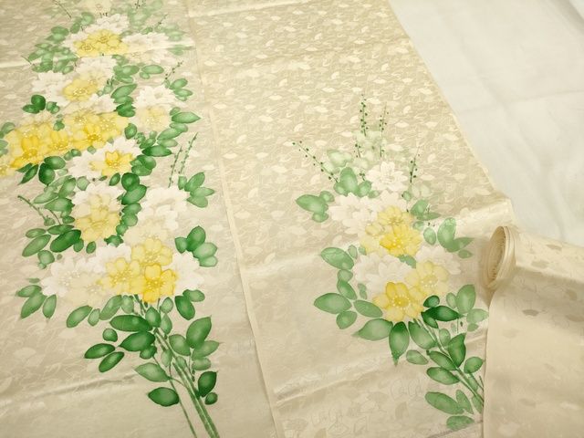平和屋着物■付下げ　解き反物　着尺　手描き　草花文　正絹　逸品　AAAL8525Auw