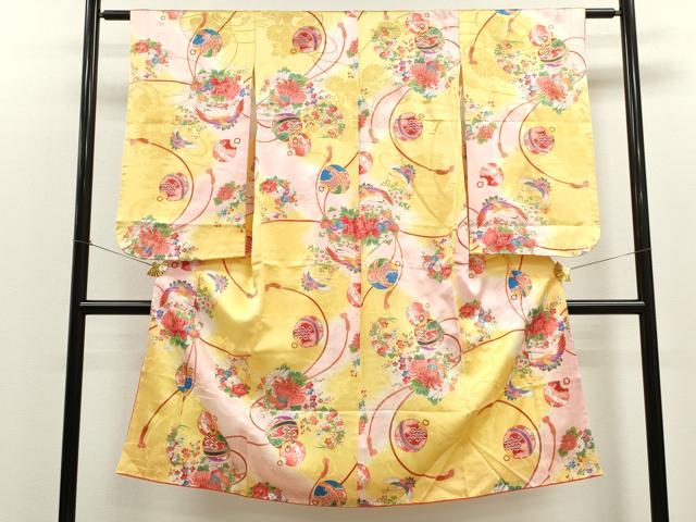 平和屋着物[]七五三　女の子　7歳　祝着　四つ身　鈴　飛鶴草花紐文　暈し染め　金彩　逸品　CAAV9299ze