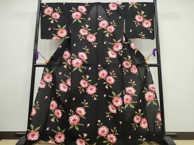 平和屋着物∴夏物 浴衣 綿紅梅 舞花文 黒地 綿 逸品 CAAW1064ng