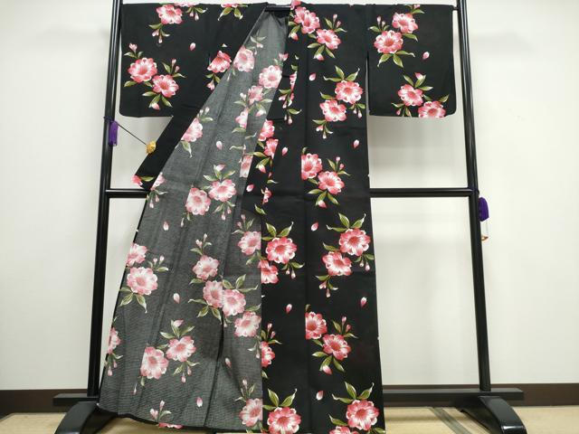 平和屋着物∴夏物 浴衣 綿紅梅 舞花文 黒地 綿 逸品 CAAW1064ng