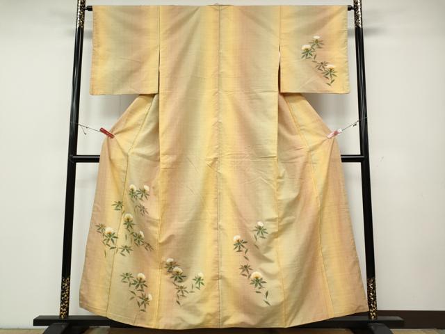 平和屋着物●訪問着 紬地 手描き 紅花 正絹 逸品 CABC2074ut