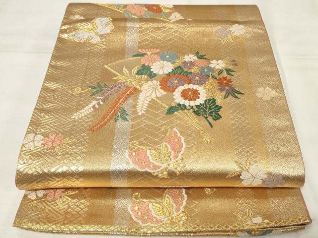 平和屋着物◎六通柄袋帯 唐織 扇面花蝶文 金糸 正絹 逸品 CAAY2199in