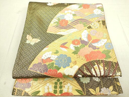 平和屋着物■六通柄袋帯 本佐賀唐織 扇面取有職文 金糸 逸品 DAAI5602op 平和屋着物■六通柄袋帯 本佐賀唐織 扇面取有職文 金糸 逸品 DAAI5602op