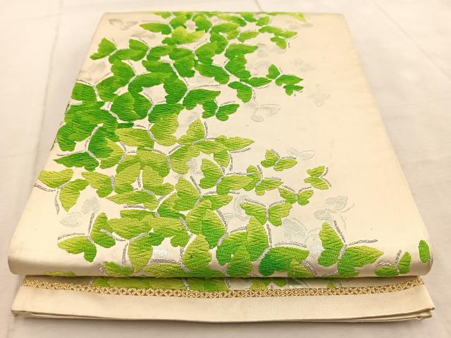 平和屋着物◎六通柄袋帯　唐織　舞蝶文　銀糸　正絹　逸品　BAAV6472yc