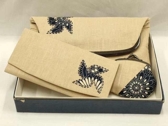 平和屋着物▼和装小物　クラッチバッグ・長財布・小銭入れセット　がま口　藍　切嵌　逸品　未使用品あ..