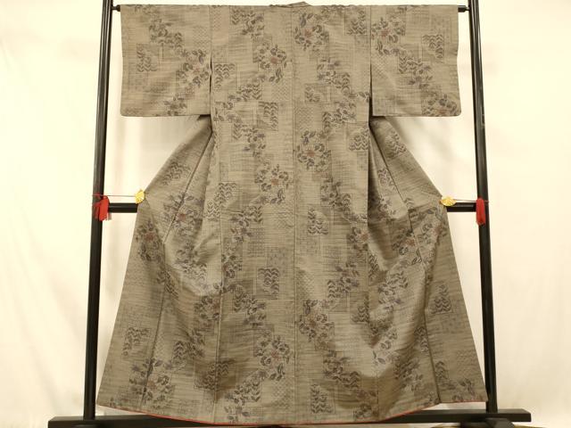 平和屋着物■上質な紬　色紙草花文　正絹　逸品　AABE8681fw