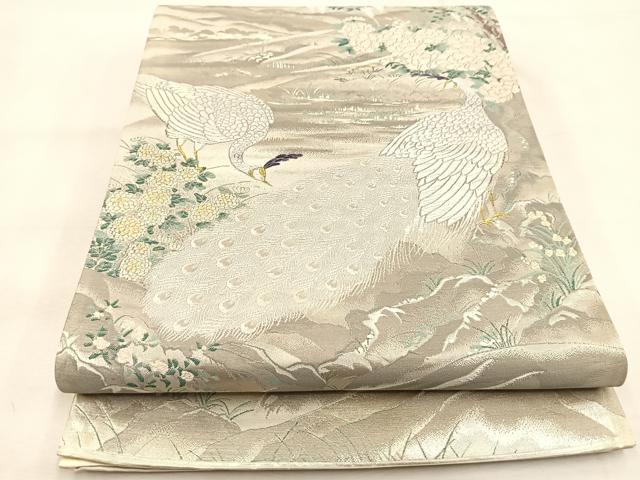 平和屋着物◎六通柄袋帯　唐織　孔雀風景花文　金銀糸　正絹　逸品　BAAU2526yc