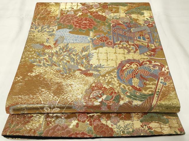 平和屋着物◎六通柄袋帯　扇面飛鶴花文　金糸　正絹　逸品　CAAY2218in