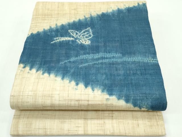 平和屋着物＊夏物　九寸開き名古屋帯　絞り　藍　舞蝶文　麻　逸品　CABG7377rv