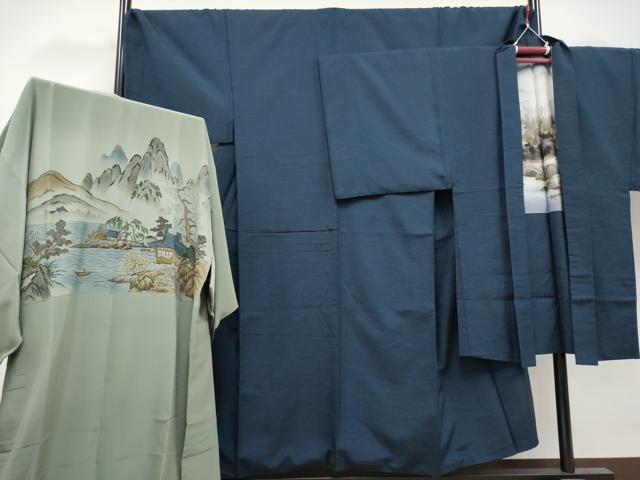 平和屋着物●極上　男性　紬　アンサンブル・長襦袢セット　色無地　藍鉄色地　逸品　CYAA4115s6