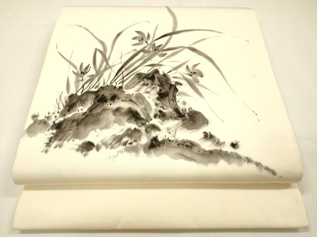 平和屋着物●塩瀬　九寸開き名古屋帯　手描き　草花文　正絹　逸品　DAAZ4354cm