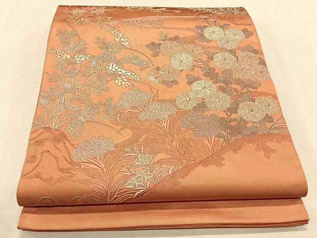 平和屋着物◎太鼓柄袋帯　刺繍　流水草花文　銀糸　引箔　正絹　逸品　CAAL5918kb