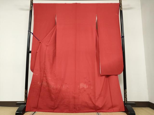 平和屋着物●中国三大刺繍 スワトウ刺繍 汕頭刺繍 総刺繍 振袖 風景人物文 赤紅色 暈し染め 金糸 正絹 逸品 DABB0051ud