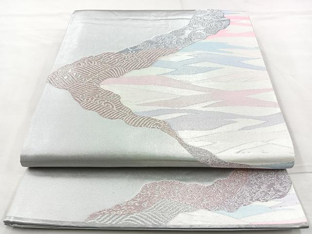 平和屋着物◎六通柄袋帯　道長吉祥文　銀糸　正絹　逸品　BAAM6558cm