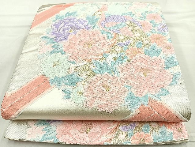 平和屋着物◎六通柄袋帯　唐織　孔雀花丸文　金糸　逸品　BAAK6116cm