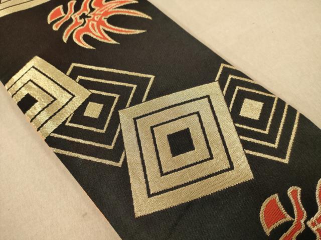 平和屋着物◎両面　半幅帯　熊取　黒地　金糸　AAAZ8745dt