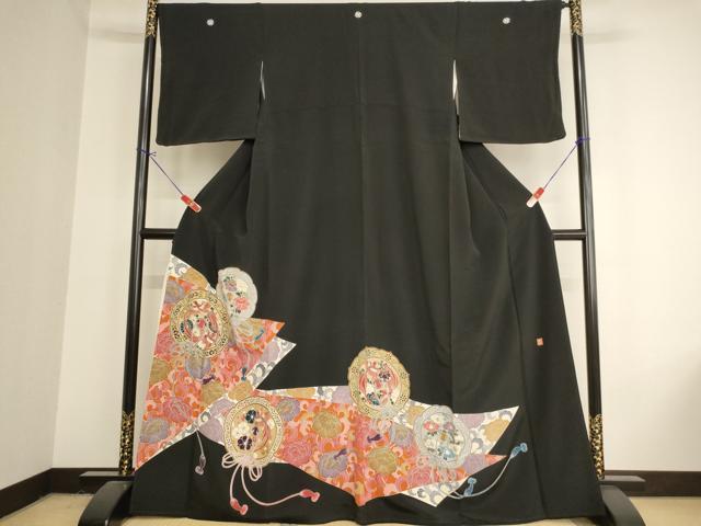 平和屋着物■豪華黒留袖　作家物　鏡浦尾長鳥花文　金彩　正絹　逸品　AABA0980cs