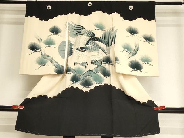 平和屋着物[]お宮参り　男の子　祝着　産着　初着　のしめ　手描き　鷹　松　銀彩　逸品　AABI2768ja
