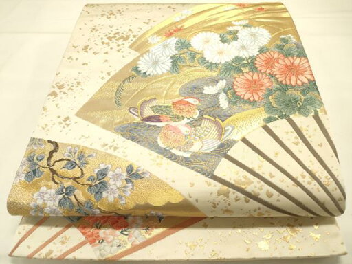 平和屋着物◎六通柄袋帯 唐織 扇面鴛鴦花文 金糸 正絹 逸品 DAAK2343zy 平和屋着物◎六通柄袋帯 唐織 扇面鴛鴦花文 金糸 正絹 逸品 DAAK2343zy